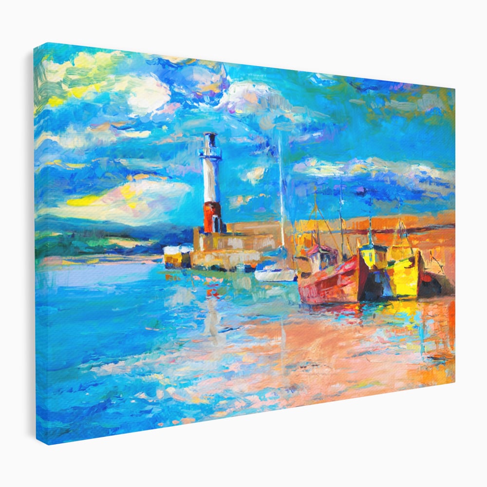 Tablou canvas cu tablou canvas cu far si barci, fara rama, pe sasiu de lemn